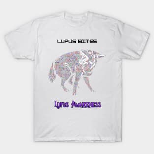 Lupus Bites!  Lupus wolf comprised of Lupus symptoms WordArt. T-Shirt